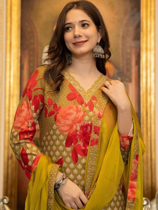 Women Floral Printed Regular Sequinned Kurta with Trousers & With Dupatta