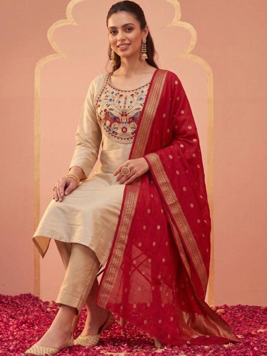 Women Ethnic Motifs Embroidered Regular Thread Work Kurta with Trousers & With Dupatta