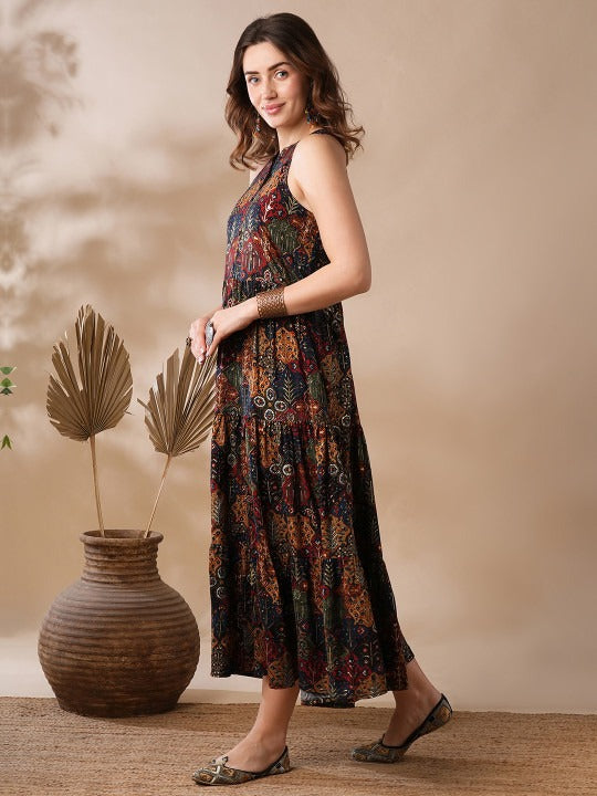 Blue Mandarin Collar Allover Floral Print Tiered Fit & Flare Fusion Maxi Dress