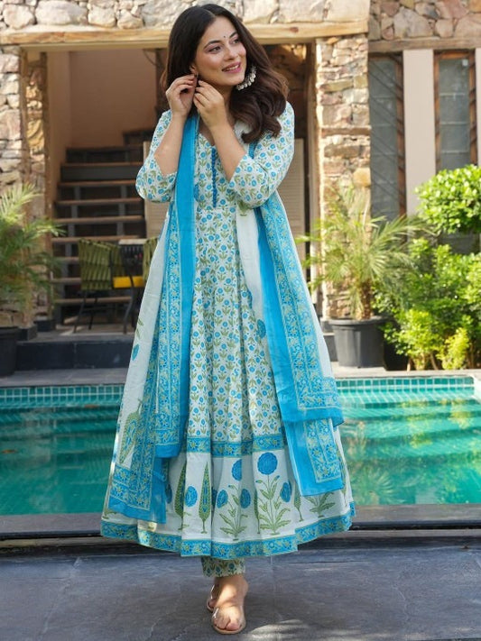 Floral Printed Sweetheart Neck Anarkali Kurta With Trousers & Dupatta