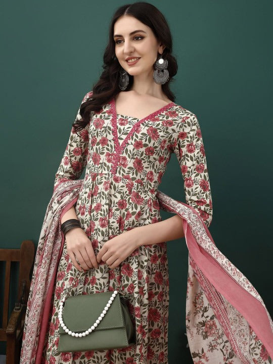 Floral Printed Pure Cotton Anarkali Kurta With Trousers & Dupatta