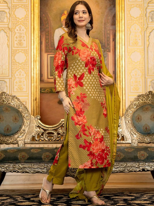 Women Floral Printed Regular Sequinned Kurta with Trousers & With Dupatta