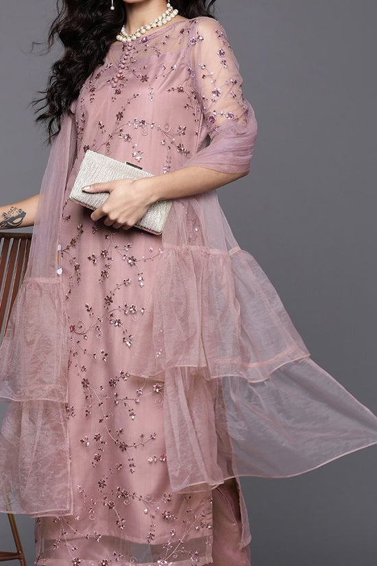 Women Mauve Net Floral Embroidered Sequinned Kurta with Palazzos & Dupatta