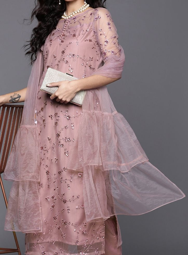 Women Mauve Net Floral Embroidered Sequinned Kurta with Palazzos & Dupatta