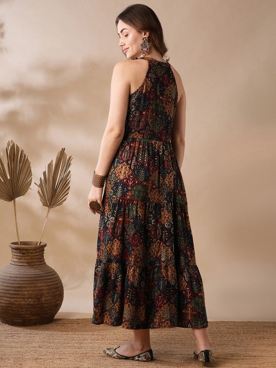 Blue Mandarin Collar Allover Floral Print Tiered Fit & Flare Fusion Maxi Dress