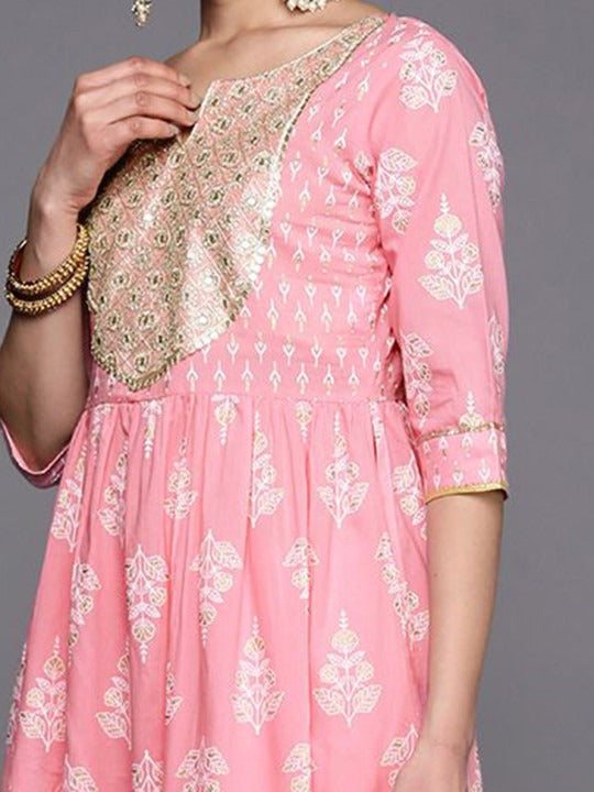 Womens Pink Yoke Design Cotton Anarkali Kurta With Palazzos & Dupatta
