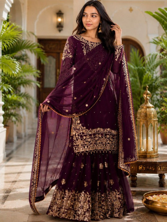 Women Ethnic Motifs Embroidered Regular Silk Georgette Kurti with Sharara & With Dupatta