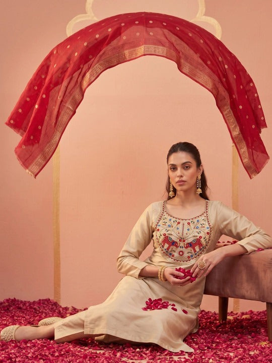 Women Ethnic Motifs Embroidered Regular Thread Work Kurta with Trousers & With Dupatta