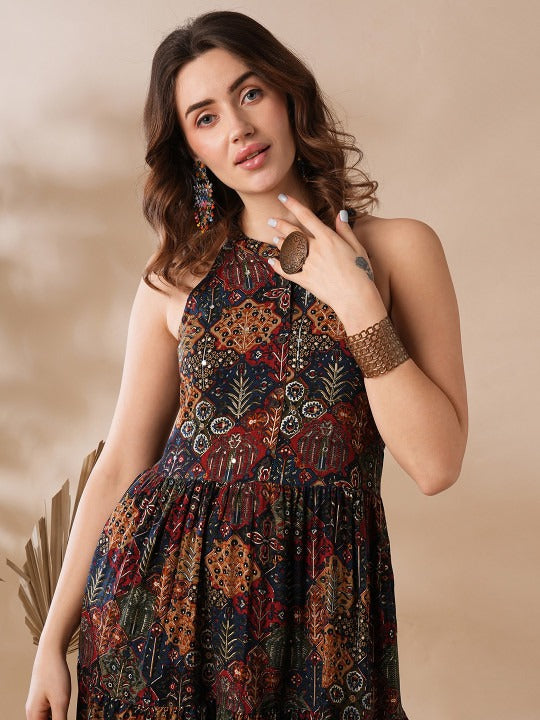 Blue Mandarin Collar Allover Floral Print Tiered Fit & Flare Fusion Maxi Dress