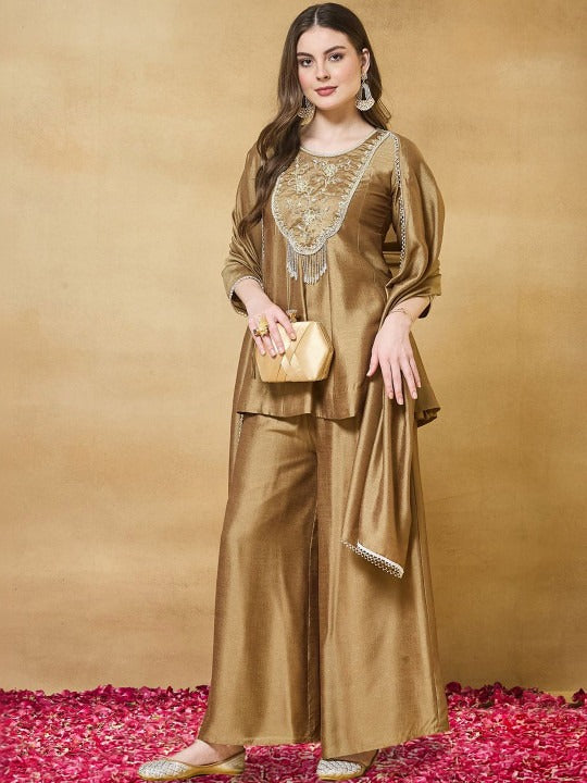 Colors of Earth Silk Embroidered Beadswork Peplum Kurti And Sharara Set With Dupatta
