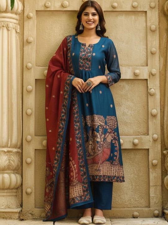 Women Printed Regular Kurta with Trousers & With Dupatta