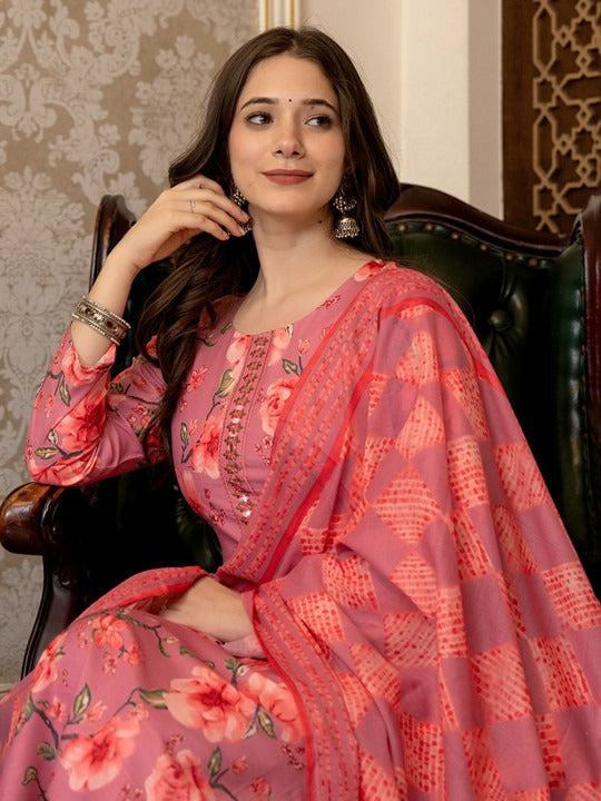Floral Printed Mirror Work Straight Kurta With Trousers & Dupatta