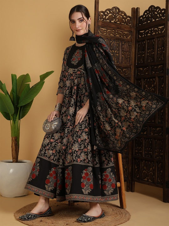 Floral Printed Anarkali Pure Cotton Kurta With Palazzos And Dupatta