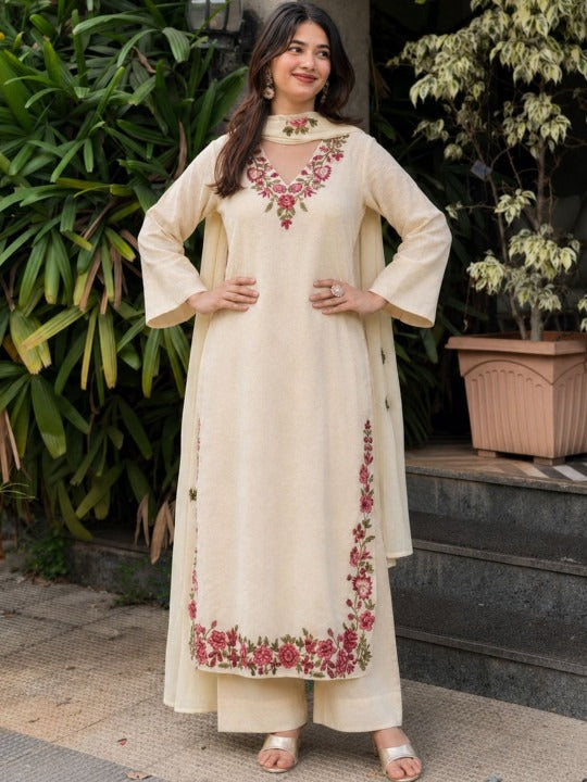 Women Floral Embroidered Regular Thread Work Kurta with Palazzos & With Dupatta