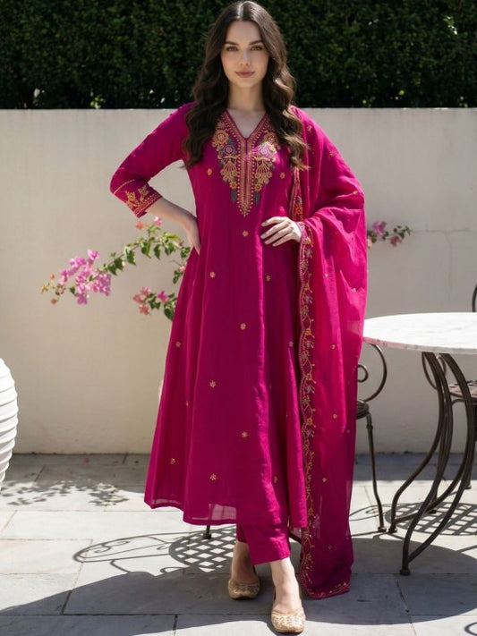 Women Ethnic Motifs Embroidered Regular Thread Work Kurta with Trousers & With Dupatta