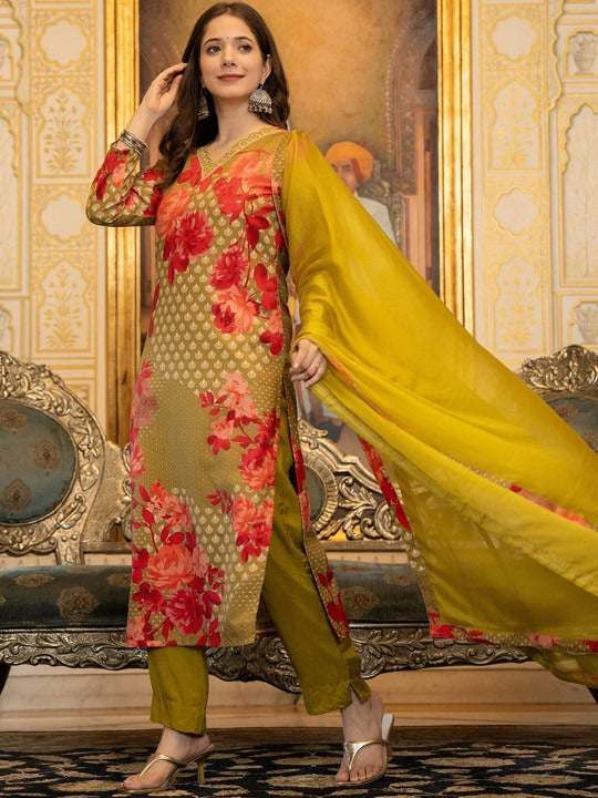 Women Floral Printed Regular Sequinned Kurta with Trousers & With Dupatta