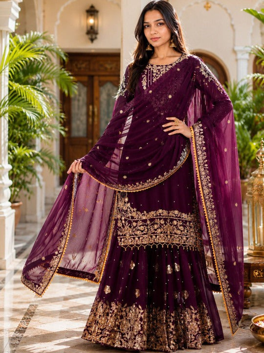 Women Ethnic Motifs Embroidered Regular Silk Georgette Kurti with Sharara & With Dupatta