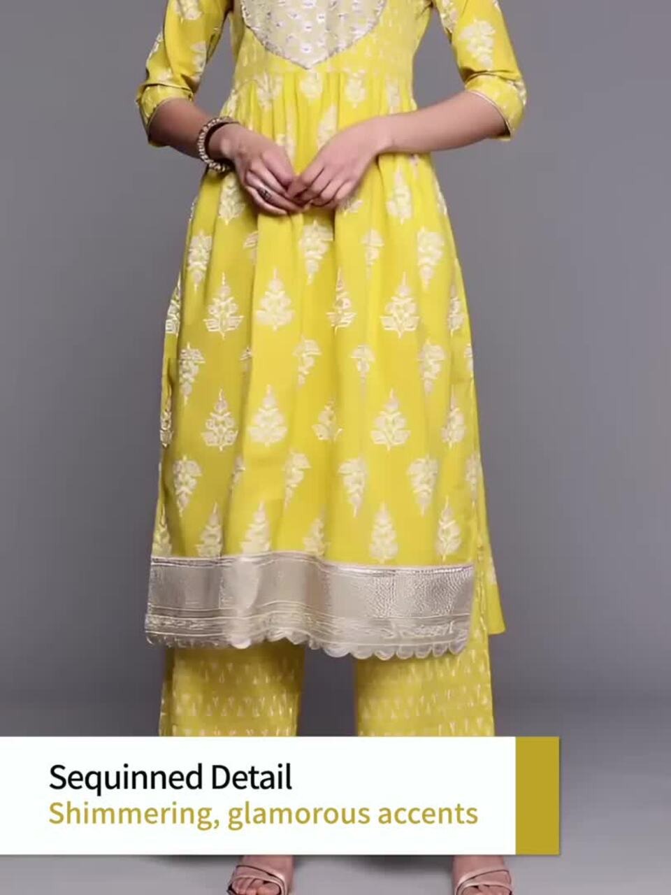 Women Floral Printed Sequinned Work High Slit Kurta with Palazzos & Dupatta