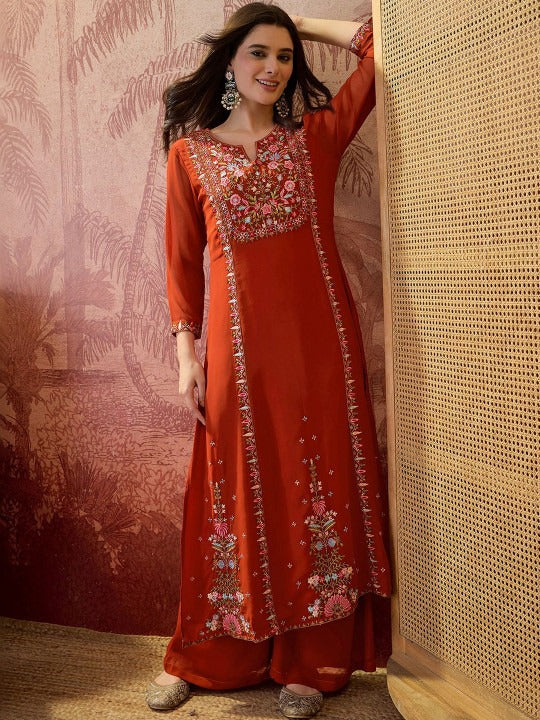 Embroidered Round Neck Kurta & Palazzos