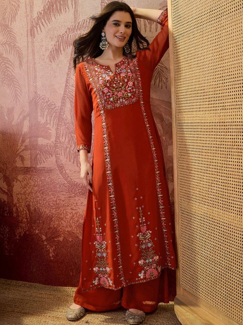 Embroidered Round Neck Kurta & Palazzos