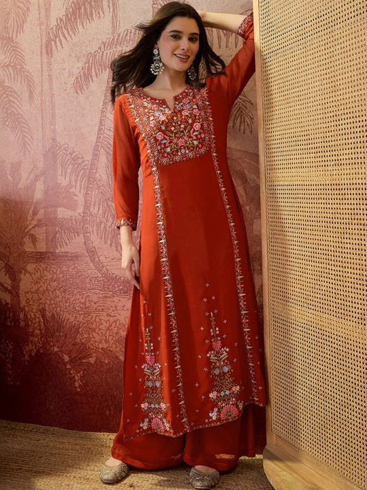 Embroidered Round Neck Kurta & Palazzos