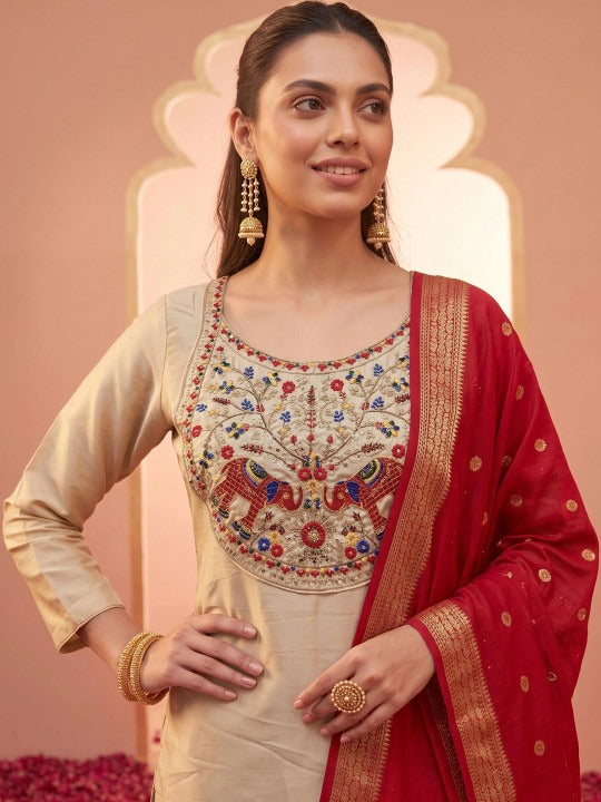 Women Ethnic Motifs Embroidered Regular Thread Work Kurta with Trousers & With Dupatta