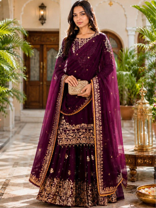 Women Ethnic Motifs Embroidered Regular Silk Georgette Kurti with Sharara & With Dupatta