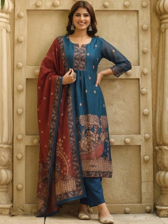 Women Printed Regular Kurta with Trousers & With Dupatta