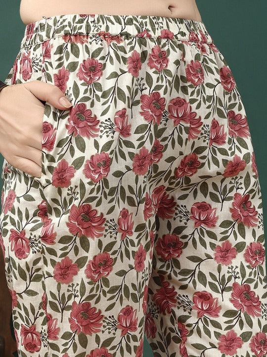 Floral Printed Pure Cotton Anarkali Kurta With Trousers & Dupatta