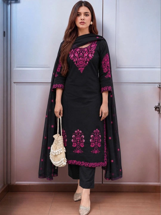 Women Ethnic Motifs Embroidered Regular Thread Work Kurta with Trousers & With Dupatta