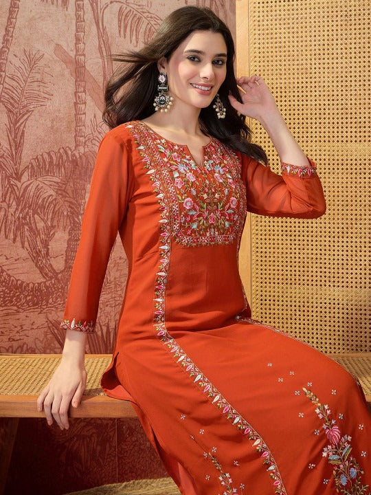 Embroidered Round Neck Kurta & Palazzos