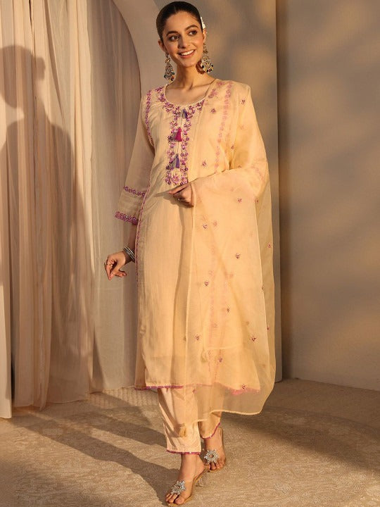 Women Ethnic Motifs Embroidered Regular Chanderi Cotton Kurta with Trousers & With Dupatta