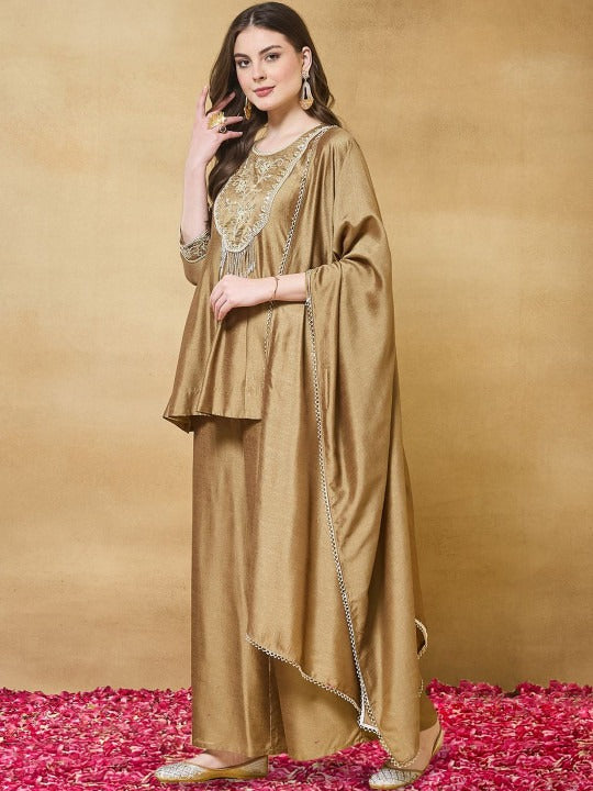 Colors of Earth Silk Embroidered Beadswork Peplum Kurti And Sharara Set With Dupatta