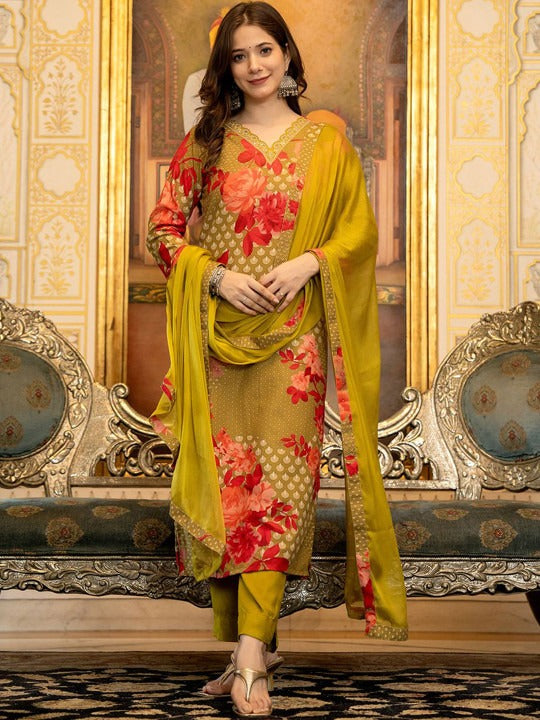 Women Floral Printed Regular Sequinned Kurta with Trousers & With Dupatta