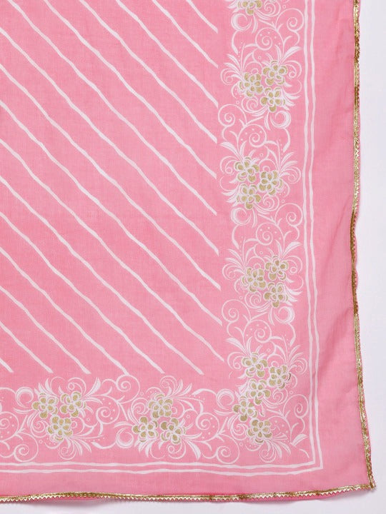 Womens Pink Yoke Design Cotton Anarkali Kurta With Palazzos & Dupatta