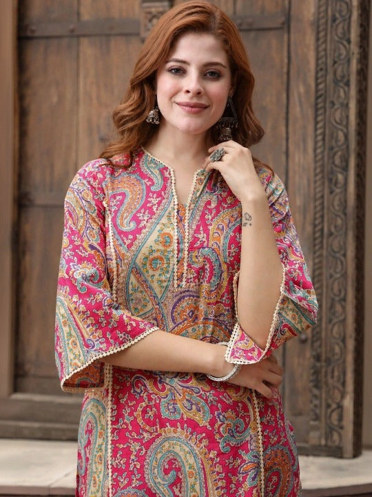Multi coloured Paisley Printed V-Neck Cotton Kurta