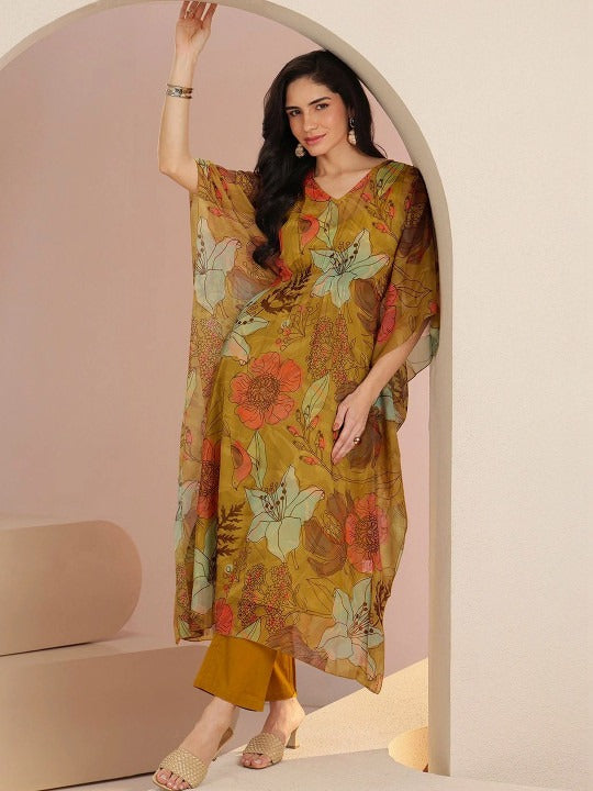 Mustard Floral Printed 3 Piece Chiffon Kaftan Kurta Set
