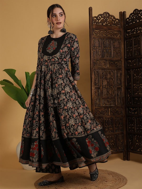 Floral Printed Anarkali Pure Cotton Kurta With Palazzos And Dupatta