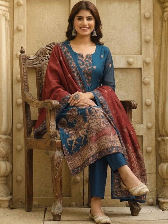 Women Printed Regular Kurta with Trousers & With Dupatta