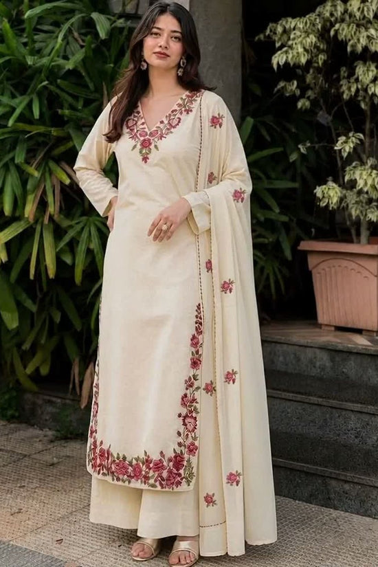 Women Floral Embroidered Regular Thread Work Kurta with Palazzos & With Dupatta