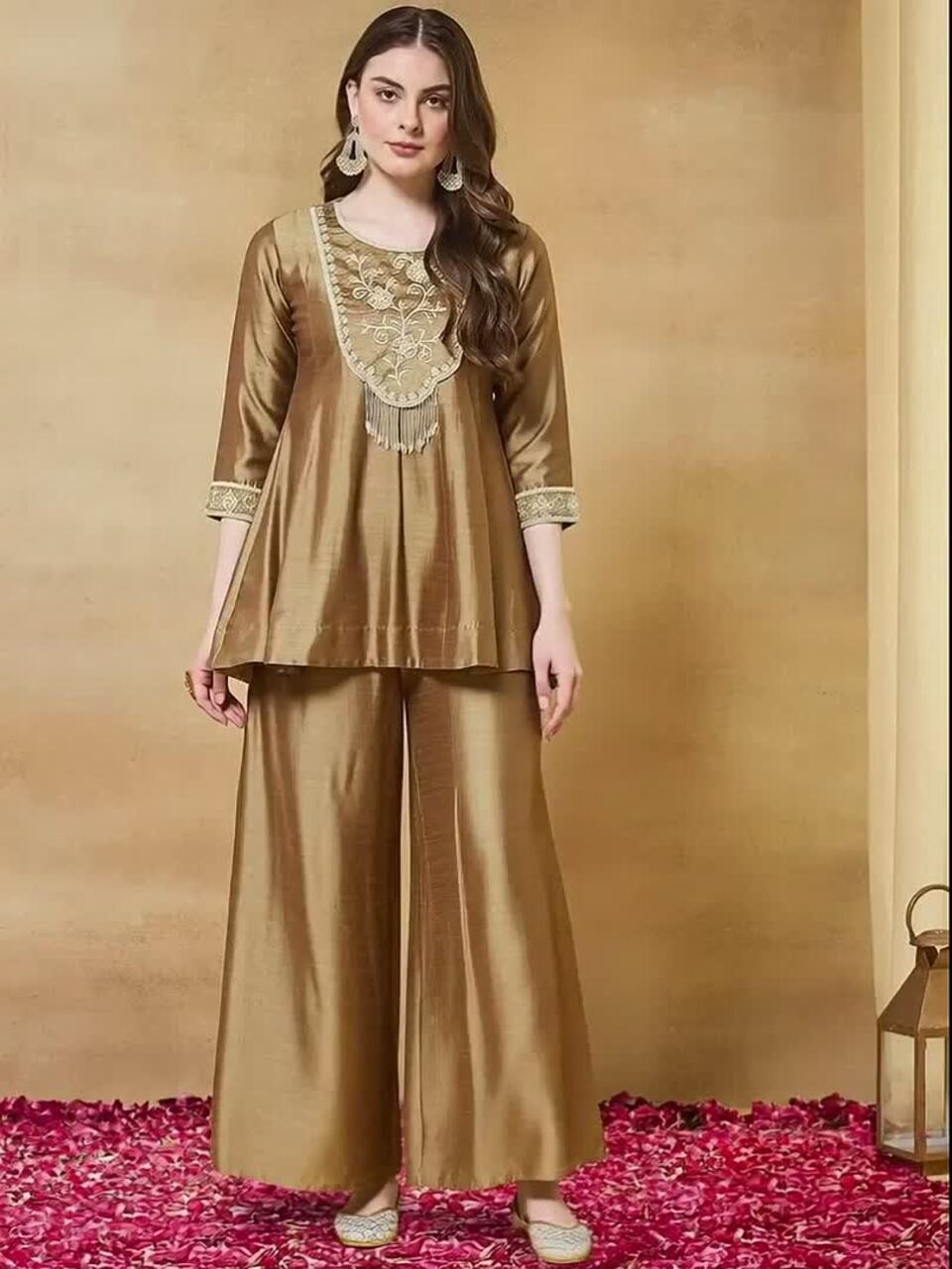 Colors of Earth Silk Embroidered Beadswork Peplum Kurti And Sharara Set With Dupatta