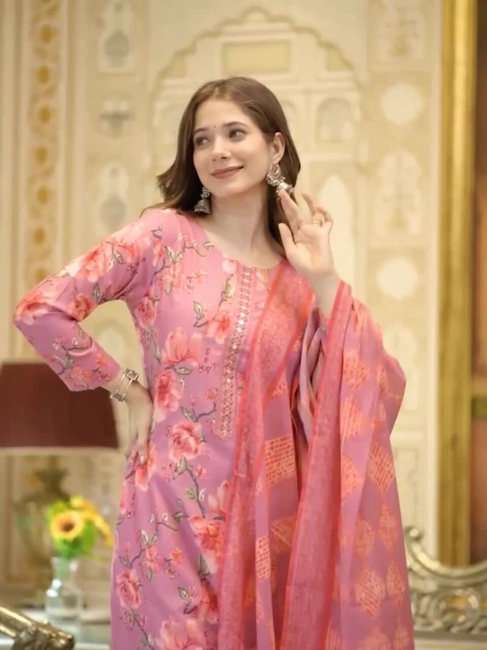Floral Printed Mirror Work Straight Kurta With Trousers & Dupatta