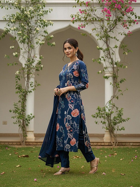 Women Floral Printed Regular Kurta with Trousers & With Dupatta