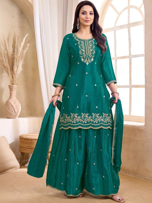 Women Ethnic Motifs Embroidered Regular Thread Work Kurta with Sharara & With Dupatta