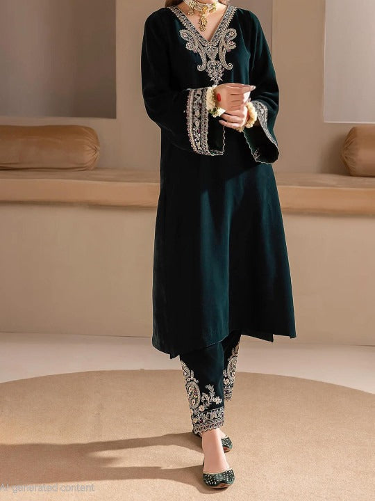 Floral Embroidered V Neck Zari Velvet Kurta With Trousers & Dupatta