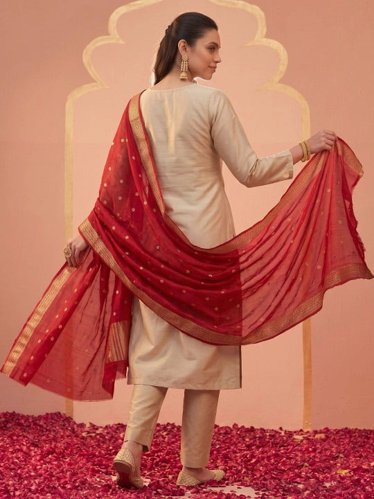 Women Ethnic Motifs Embroidered Regular Thread Work Kurta with Trousers & With Dupatta