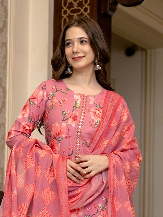 Floral Printed Mirror Work Straight Kurta With Trousers & Dupatta