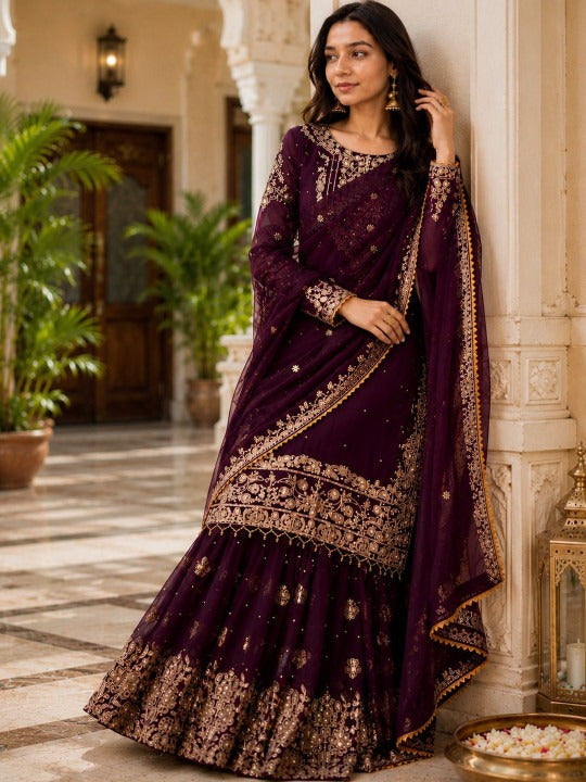 Women Ethnic Motifs Embroidered Regular Silk Georgette Kurti with Sharara & With Dupatta