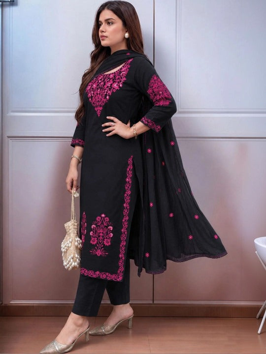 Women Ethnic Motifs Embroidered Regular Thread Work Kurta with Trousers & With Dupatta