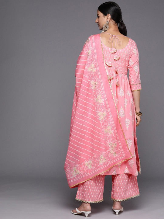 Womens Pink Yoke Design Cotton Anarkali Kurta With Palazzos & Dupatta